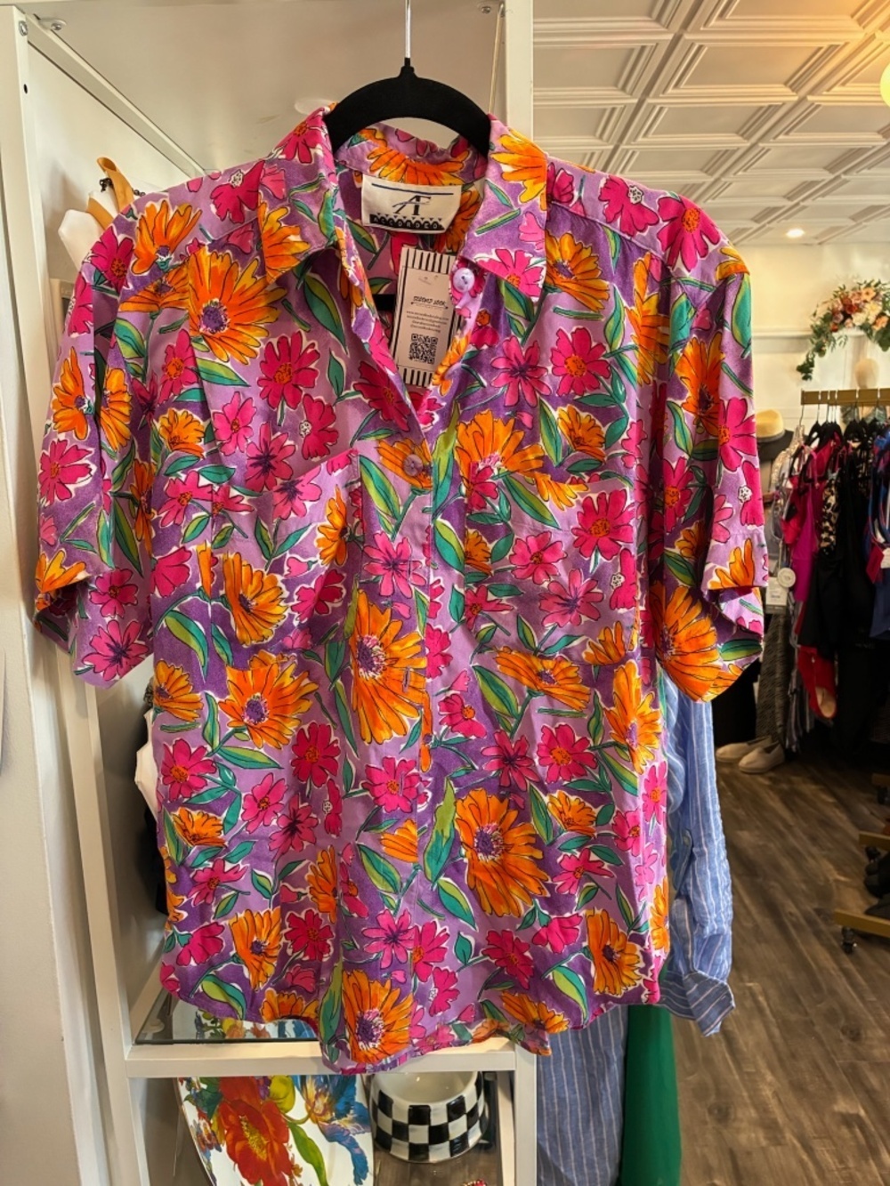 Vintage Bright Pink and orange Floral Button-Down Shirt